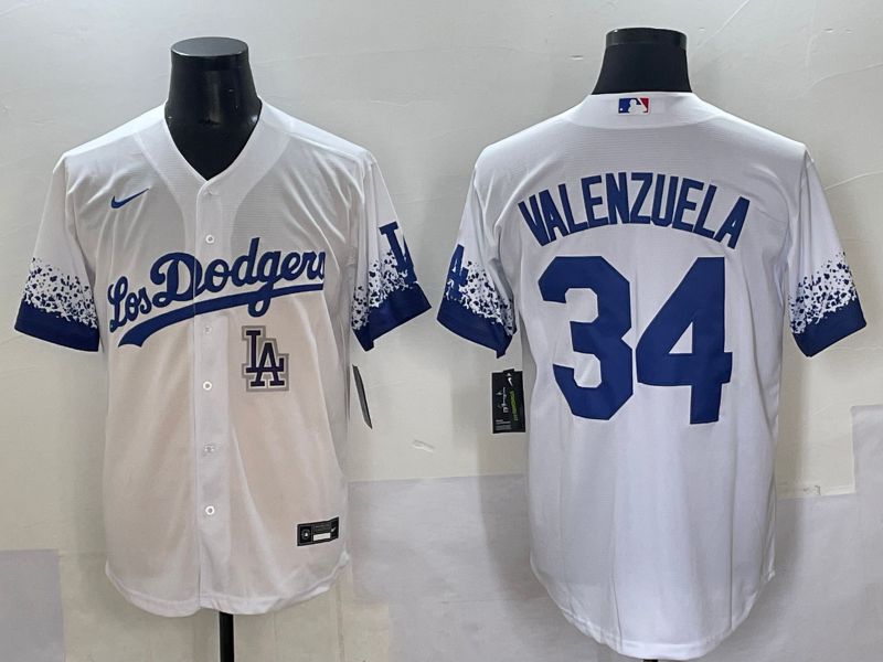 Men 2025 Los Angeles Dodgers #34 Valenzuela White blue City Edition Nike MLB Jersey style 9->los angeles dodgers->MLB Jersey